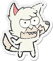 distressed sticker of a cartoon grinning fox vector