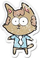 distressed sticker of a happy cartoon cat office worker vector