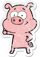 distressed sticker of a happy cartoon pig vector