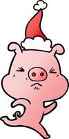 gradient cartoon of a annoyed pig running wearing santa hat vector