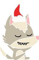 friendly flat color illustration of a wolf sitting wearing santa hat vector