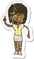 retro distressed sticker of a cartoon woman with idea vector