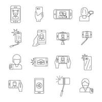 Selfie video photo people icons set, outline style vector