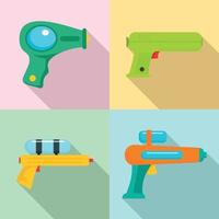 Squirt gun water pistol game icons set, flat style vector