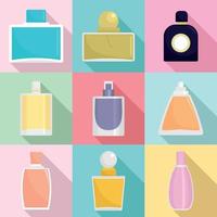 Fragrance bottles perfume icons set, flat style vector