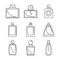 Conjunto de iconos de perfume de botellas de fragancia, estilo de esquema vector