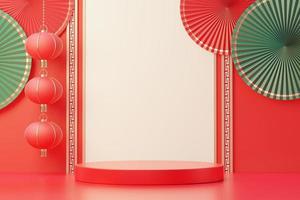 3d rendering of minimal scene of blank podium with Chinese lunar new year theme. Display stand for product presentation mock up. Chinese traditional texture. photo