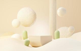3d Mock up Brown cream podium with Cactus and Sands desert mini theme. Pedestal stage for product and cosmetic presentation. Abstract colorful scene for advertising. Sale promotion background. photo