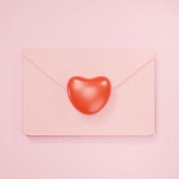 Representación 3d del icono de sobre de correo de tarjeta de corazón en un fondo limpio para maqueta y banner web. diseño de interfaz de dibujos animados. concepto de metaverso mínimo. foto