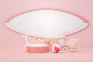 3d render Summer sale podium stand for showing product. Beach Vacations Scene in Summer for mock up. photo
