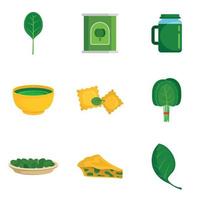 Spinach leaves vegetables icons set, flat style vector