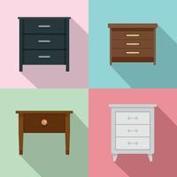 Nightstand bedside icons set flat style vector