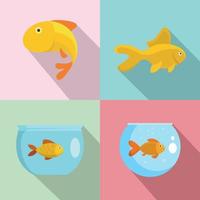 Goldfish and fishbowl icons set, flat style vector