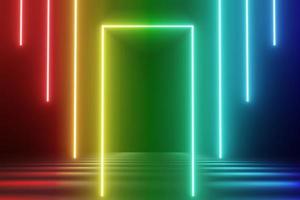 3d render of RGB neon light on darkness background. Abstract Laser lines show at night. Ultraviolet spectrum beam scene photo