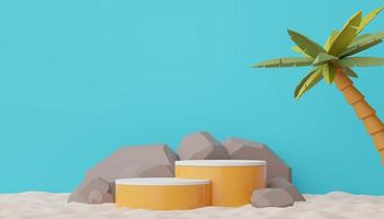 3d render of Abstract minimal  display podium for showing products or cosmetic presentation with summer beach scene. Summer time. photo
