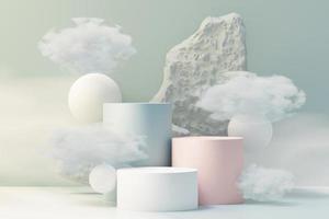 3d Beauty premium pedestal product display with Dreaming land and fluffy cloud. Minimal blue sky and clouds scene for present product promotion and beauty cosmetics. Romance land of Dreams concept. photo