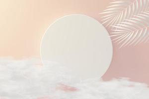 3d render top view of white blank cylinder frame for mock up and display products with palm leaves and clouds background. Creative idea concept. photo
