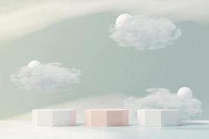 3d Beauty premium pedestal product display with Dreaming land and fluffy cloud. Minimal blue sky and clouds scene for present product promotion and beauty cosmetics. Romance land of Dreams concept. photo