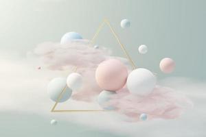 Render 3d de bola pastel, burbujas de jabón, manchas que flotan en el aire con nubes esponjosas y océano. tierra romántica de la escena de los sueños. cielo de ensueño abstracto natural. foto