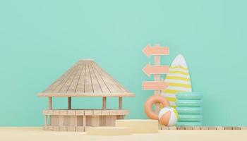 3d render minimal podium background for show and sales products. Hello Summer season scene design concept. Abstract Vacant pedestal for presentation and advertising. Beach Vacations in Summer. photo