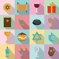 Chanukah jewish holiday icons set, flat style vector