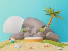 3d render of Abstract minimal  display podium for showing products or cosmetic presentation with summer beach scene. Summer time. photo