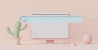 3d render of minimal searching menu bar or blank banner magnifying with copy space on pastel earth tone background. Scene for mock up and presentation decorate with cute cactus and mini computer. photo