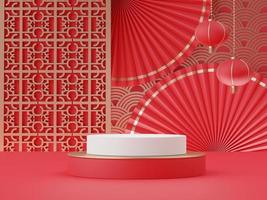 3d rendering of minimal scene of blank podium with Chinese lunar new year theme. Display stand for product presentation mock up. Chinese traditional texture. photo