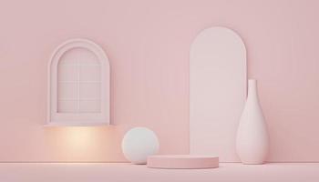 3d render of Abstract minimal  display podium for showing products, cosmetic presentation and mock up. Showcase scene with pastel earth tone background. Illuminated simple geometric shapes. photo