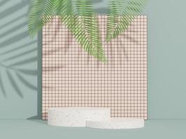 3d render of abstract pedestal podium display with terrazzo and shadow of leaves. Scene for present product promotion and beauty cosmetics. photo