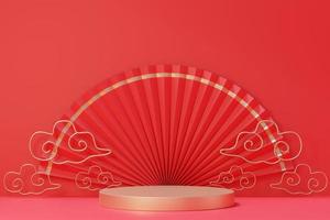 3d rendering of minimal scene of blank podium with Chinese lunar new year theme. Display stand for product presentation mock up. Chinese traditional texture. photo