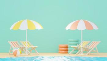 3d render minimal podium background for show and sales products. Hello Summer season scene design concept. Abstract Vacant pedestal for presentation and advertising. Beach Vacations in Summer. photo