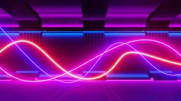 3d render of flash neon and light glowing on dark scene. Speed light moving lines. photo