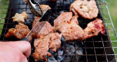 Party  raw pork marinated vinegar-pickled meat with spices being cooked on skewers on outdoor wood-fired barbeque grill for summer picnic at outside kitchen of restaurant for dinner video