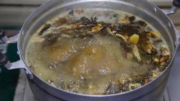 kinesiska örter kinesisk örtmedicin härrörande från naturen till exempel, svamp, rötter, löv i koka i grytan. video