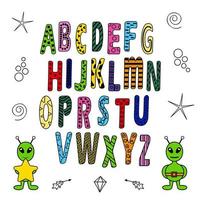 The bright space alphabet. Alphabet, the alphabet is a bright set on a space theme. For books, coloring books, teaching, background, flyer, poster. vector