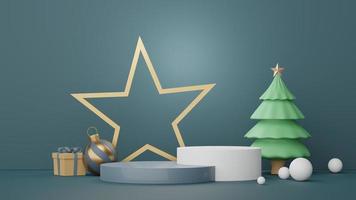 3d Display Podium for product and cosmetic presentation with Merry Christmas and Happy new year concept. Modern geometric. Platform for mock up and showing brand. Minimal clean design. photo
