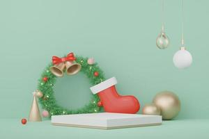 3d Display Podium for product and cosmetic presentation with Merry Christmas and Happy new year concept. Modern geometric. Platform for mock up and showing brand. Minimal clean design. photo