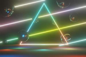 3d render of RGB neon light on darkness background. Abstract Laser lines show at night. Ultraviolet spectrum beam scene photo
