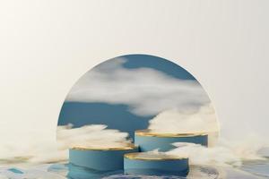 3d Beauty premium pedestal product display with Dreaming land and fluffy cloud. Minimal pastel sky and clouds scene for present product promotion and beauty cosmetics. Romance land of Dreams concept. photo