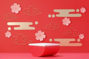 3d rendering of minimal scene of blank podium with Chinese lunar new year theme. Display stand for product presentation mock up. Chinese traditional texture. photo
