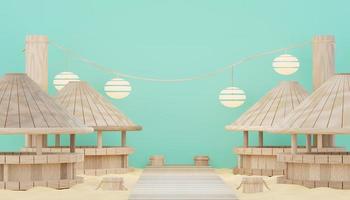 3d render minimal podium background for show and sales products. Hello Summer season scene design concept. Abstract Vacant pedestal for presentation and advertising. Beach Vacations in Summer. photo