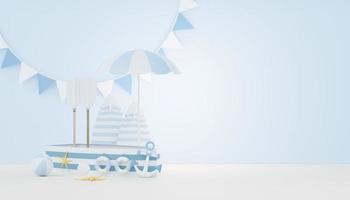 3d render Summer sale podium stand for showing product. Beach Vacations Scene in Summer for mock up. photo