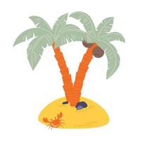 Flat cartoon island with palm tree, coconut and crab. Funny illustration vector