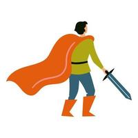 Cartoon flat character knight in a cloak with a sword vector