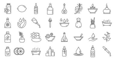 Essential oils perfume icons set, outline style vector