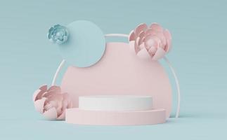3d render of Abstract minimal  display podium for showing products, cosmetic presentation and mock up with pink and blue flower. photo