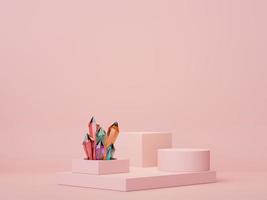 3d render of minimal display podium design for mock up and product presentation with crystal. Pedestal stage with pastel color scene. Trendy design for mock up and web banner. photo
