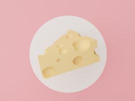 3d render piece of Cheese for making food. Cheese slice on white circle and pastel pink background. Healthy food idea concept. photo
