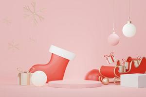 3d Display Podium for product and cosmetic presentation with Merry Christmas and Happy new year concept. Modern geometric. Platform for mock up and showing brand. Minimal clean design. photo